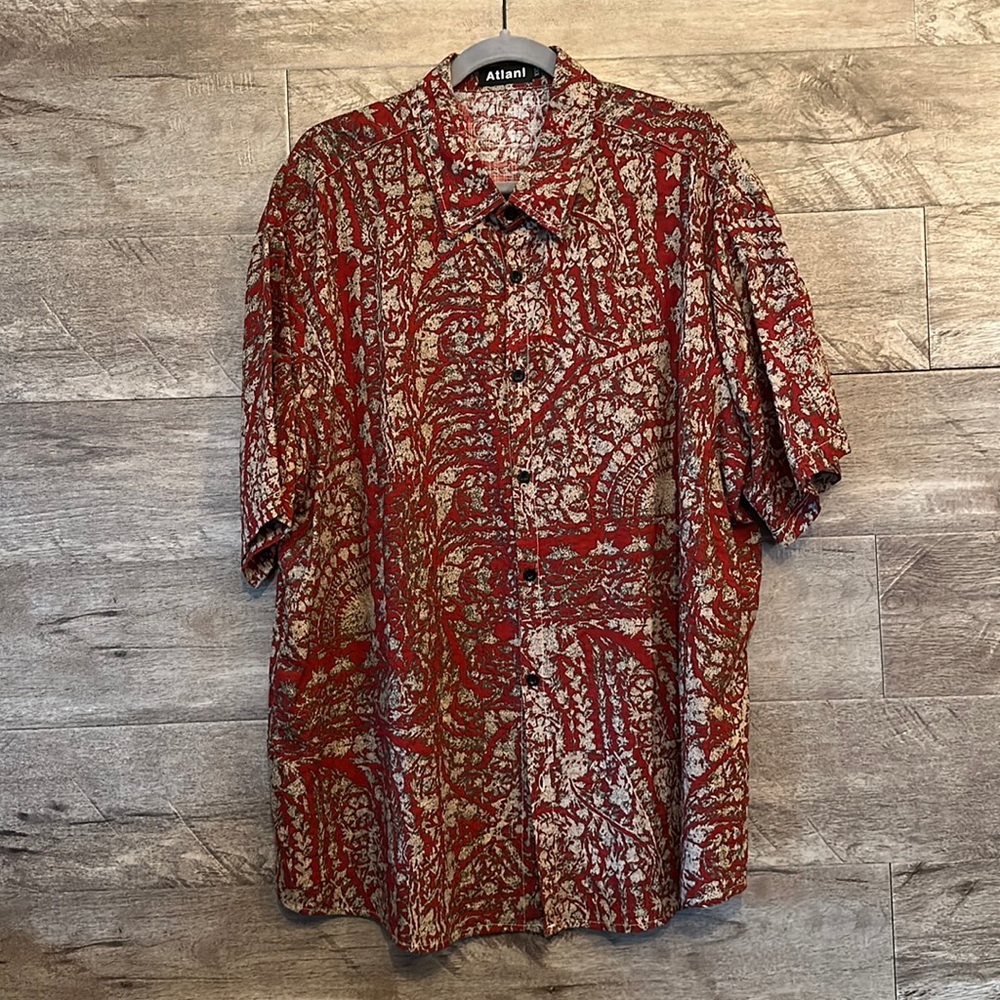 Atlanl XXL Men's Vintage Print Cotton Tribal Pocket Red Button Short Sleeve